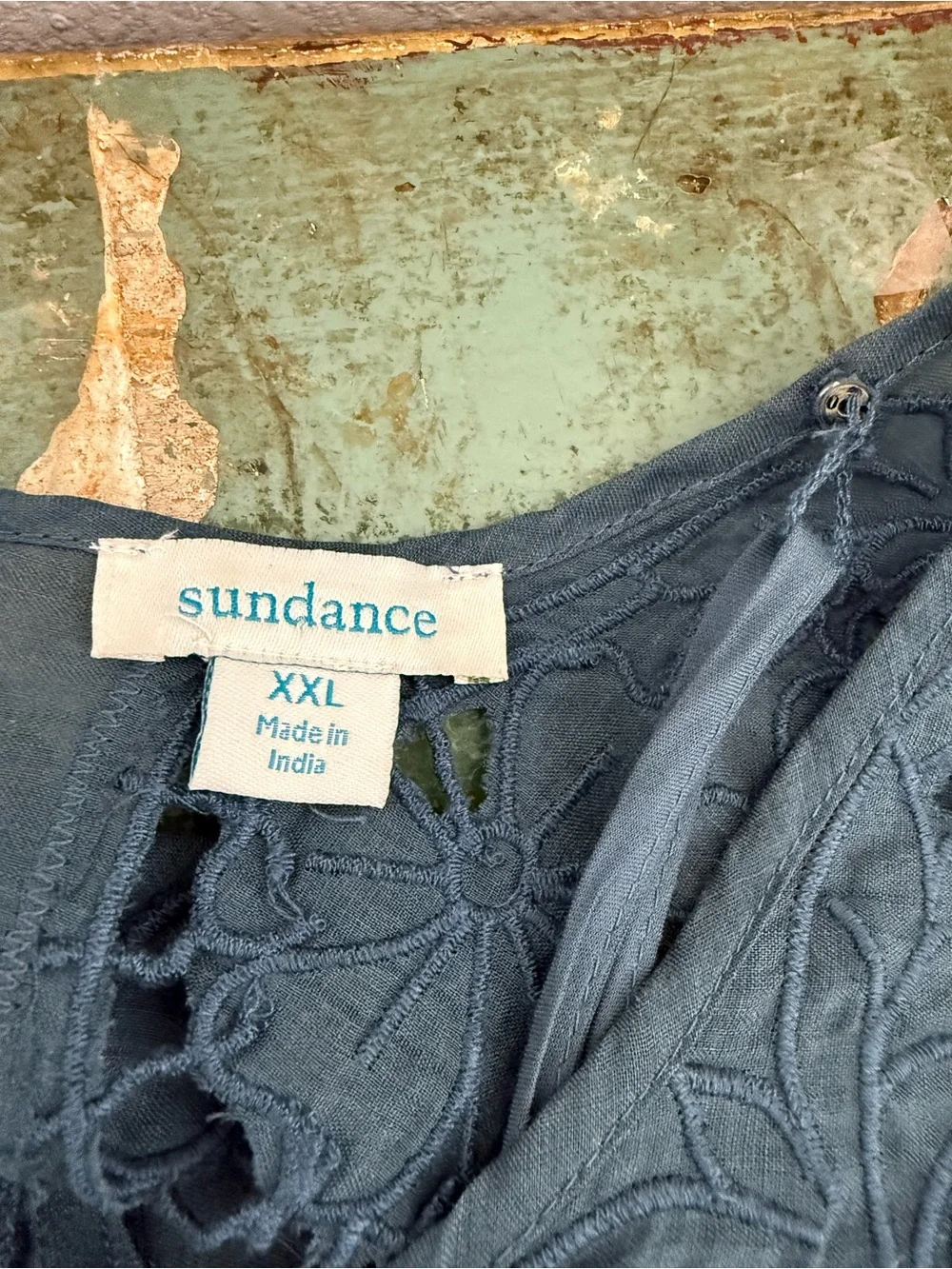 Sundance Blue Gray Embroidered Ramie Shift Dress XXL Boho Cutwork Lace Feminine